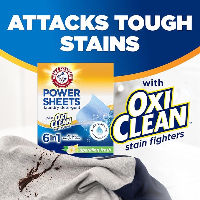 ARM & HAMMER Power Sheets Laundry Detergent Plus OxiClean Stain Fighters, 6in1, Sparkling Fresh Scent, 42 Count, 84 Medium Loads