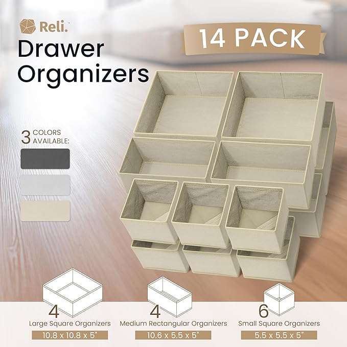 Reli. Drawer Organizer Clothes (14 Pack) | Dresser Drawer Organizers & Nursery Organization | Foldable Fabric Dresser Storage Dividers for Bras, Nursery, Changing Table, Baby Clothes, Clothing (Beige)