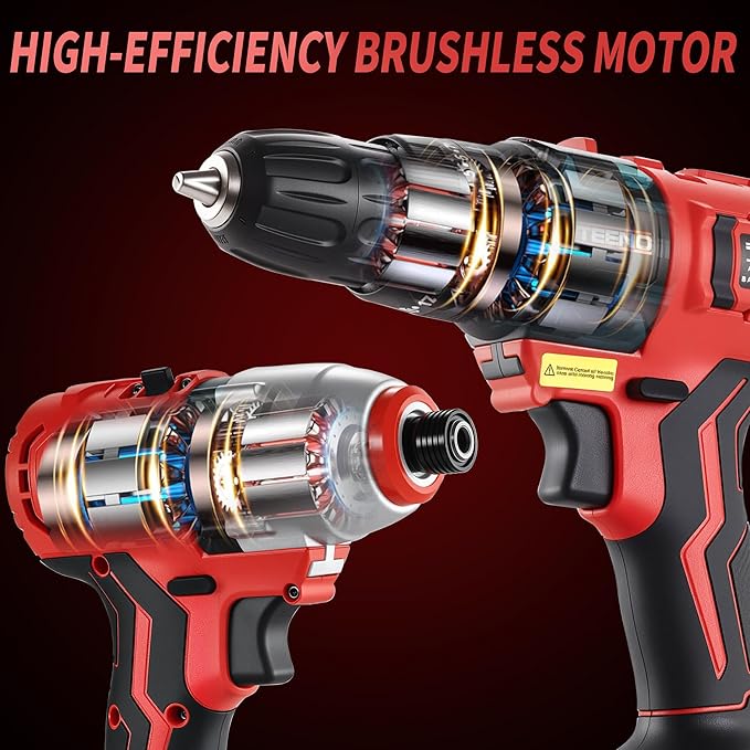 TEENO 20V Cordless Drill and Impact Driver, Brushless Power Tool Combo Kit Included 3/8'' Drill & 1/4'' Impact Driver, 2x 1.5Ah Batteries, Fast Charger, 19 pcs Driver Bit Set & Bag