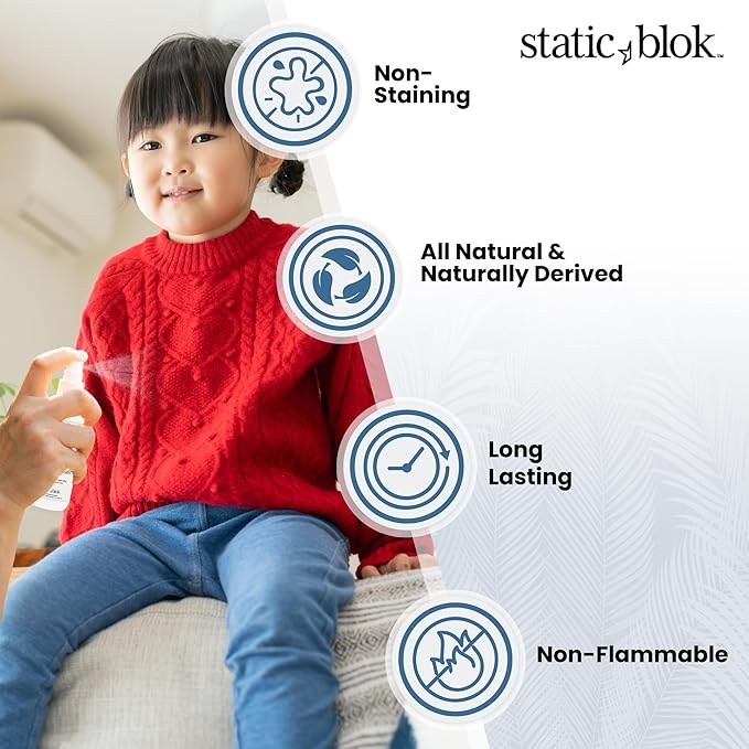 Static Blok Anti-Static Spray for Clothes - Instantly Eliminate Static Cling, Flyaways, and Shocks from Clothes, Fabrics, Linens, Blankets & Rugs- All-Natural Formula - Lasts All Day- 8oz