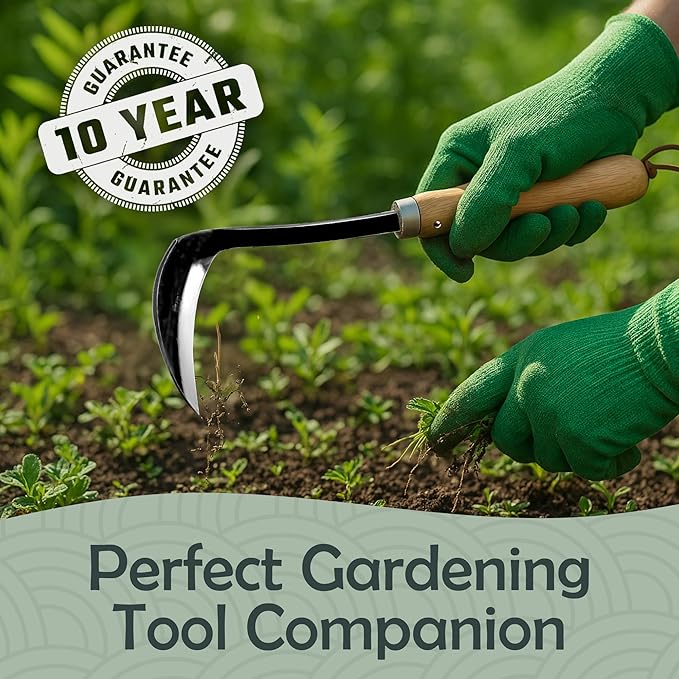 Muldale Japanese Hand Weeding Sickle – Curved Razor Hoe Garden Tool with High-Carbon Steel Blade & Ergonomic Beechwood Handle – Perfect for Weeding Between Plants, Paving, Borders