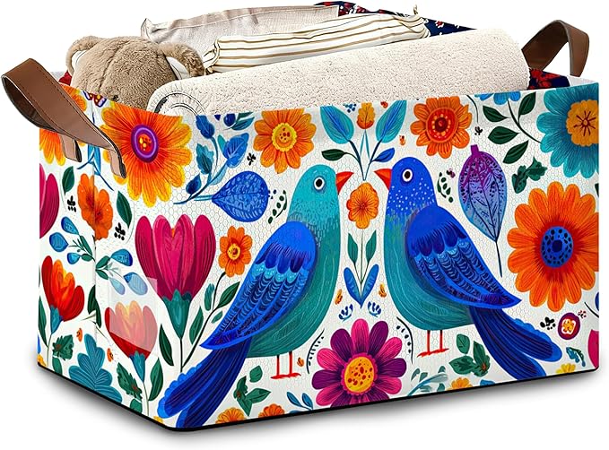 Colorful Bird Flowers Collapsible Storage Box,Mexican Style Organizer Bin with Handles for Room Decoration,Bins Book Basket Box 17x11.5x10Inch