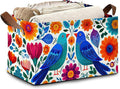 Colorful Bird Flowers Collapsible Storage Box,Mexican Style Organizer Bin with Handles for Room Decoration,Bins Book Basket Box 17x11.5x10Inch