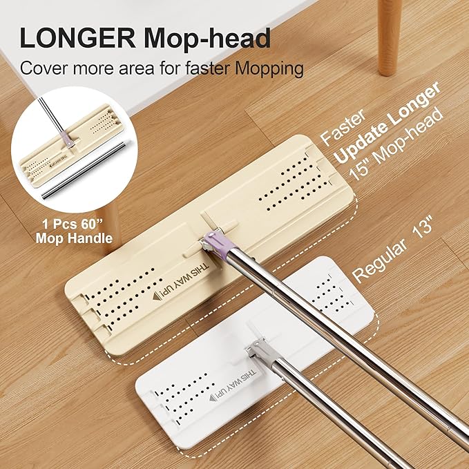 JOYMOOP Mop and Bucket Set (Beige & Blush Brown) with Extension Handle, Ideal for Floor, Window, and Wall Cleaning - Includes 3 Washable Microfiber Pads for Wet and Dry Use