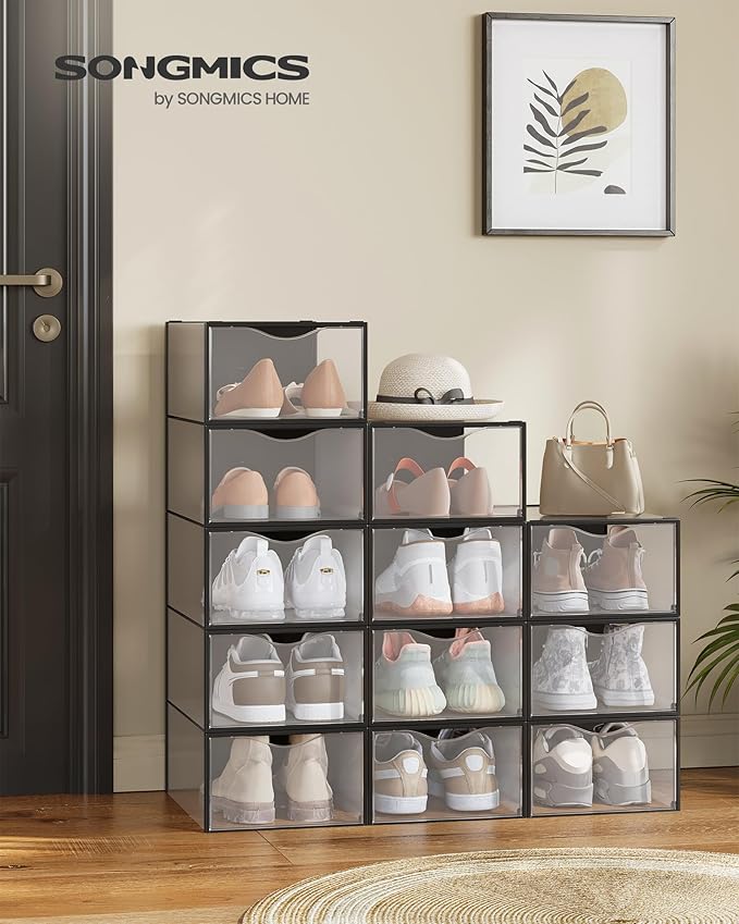 SONGMICS Shoe Boxes, Shoe Storage Organizers Rack for Closet, Plastic Stackable Sneaker Containers Case, 12 Pack, Transparent and Ink Black ULSP312B01