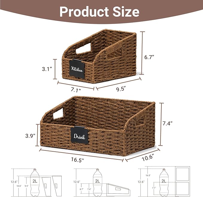 Pantry Organizers, Wicker Storage Baskets for Fruit, Bread, Vegetable, Boho Decorative Basket, Shelf Baskets for Kitchen Counter with Handles, Paper Storage Bins for Shelves, 3 Pack, Brown