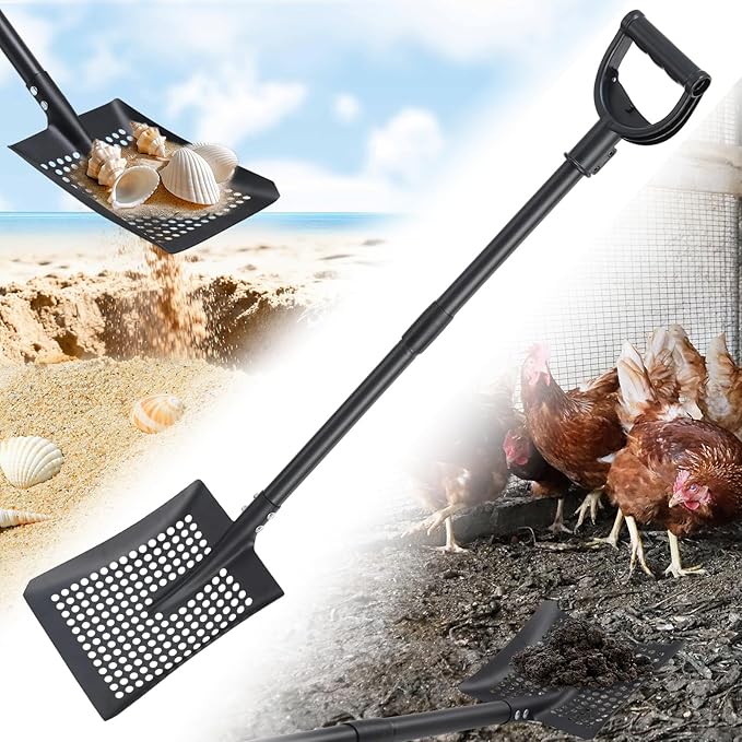 Chicken Coop Cleaner Shovel with Sifter, 61" Heavy Duty Adjustable Sifter Shovel for Poultry Bedding, Garden Soil Sifting, Durable Metal with Deep Sides & Ergonomic Handle