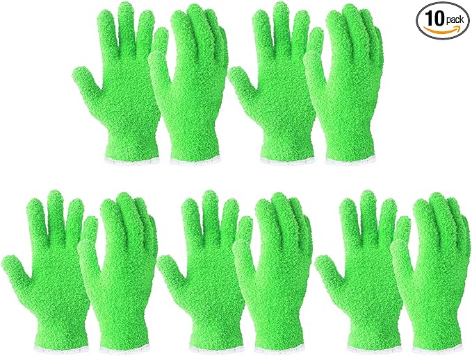 Evridwear Microfiber Dusting Gloves, Dusting Cleaning Glove for Plants, Blinds, Lamps and Small Hard to Reach Corners, 5 Pairs (Green L/XL)
