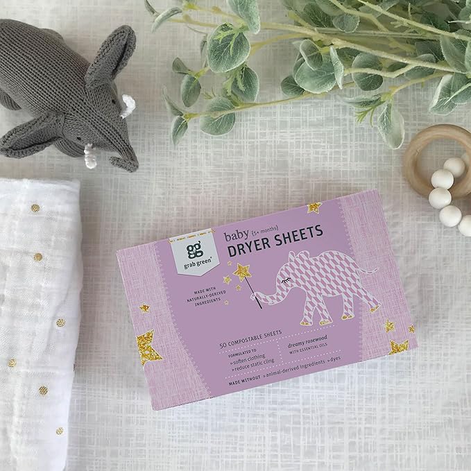 Grab Green Baby Laundry Dryer Sheets, 160 Sheets, Dreamy Rosewood Scent, Plant and Mineral Based, Compostable, Softens Clothing and Linens, Reduces Static Cling