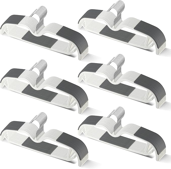 60 Pack M-Style Plastic Pants Hangers, Thin Space Saving Hanger with Rubber Pads and 360° Hook - Non Slip Clothes Hangers, Closet Organizer for Camisole, Tank Top, Dresses, Skirt - Gray