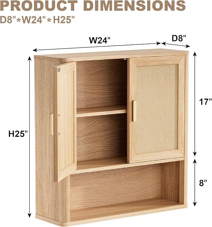 INNOD Rattan Bathroom Wall Cabinet with Open Compartments, Wall-Mounted Medicine Cabinet with Adjustable Wood Shelf & Doors, Over The Toilet Storage Cabinet for Laundry Room & Kitchen & Living Room