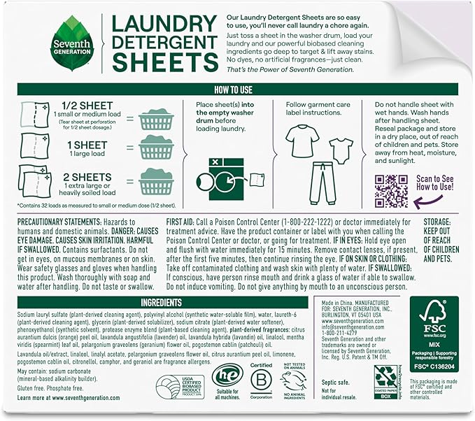 Seventh Generation Laundry Detergent Sheets, Up to 64 Loads, Fresh Lavender Scent, Removes Tough Stains, 0% Dyes and Artificial Fragrances, Safer for your family, (Pack of 2)