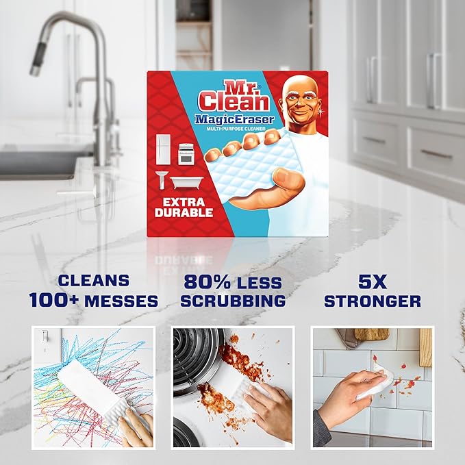 Mr. Clean Magic Eraser Sponge, All Purpose Cleaner, Cleaning Scrubber, Wall Cleaner, Sneaker Cleaner, Kitchen, Bathroom, Shower Cleaning Supplies, Melamine Sponge, Cleaning Pads, Extra Durable, 4ct