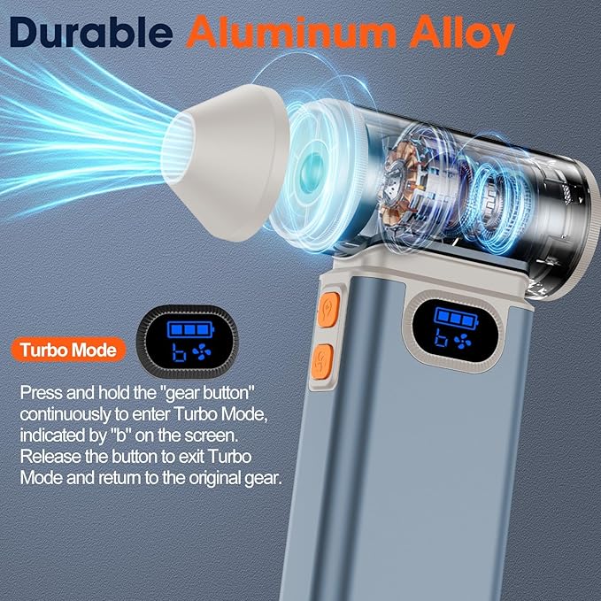 Metal Electric Compressed Air Duster, 300000RPM High Speed Rechargeable Air Blower&Pump for Leaf Blower with Digital Display, 4-Speed Modes-Brushless Motor Mini PC Dust Cleaner with Light(Silver)