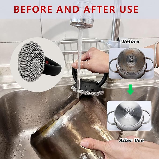 MEIXINZHI Cast Iron Cleaner, Chain Mail Scrubber & Pan Grill Scrapers - 2 in 1 Cast Iron Skillet Cleaner (Black, with mat)