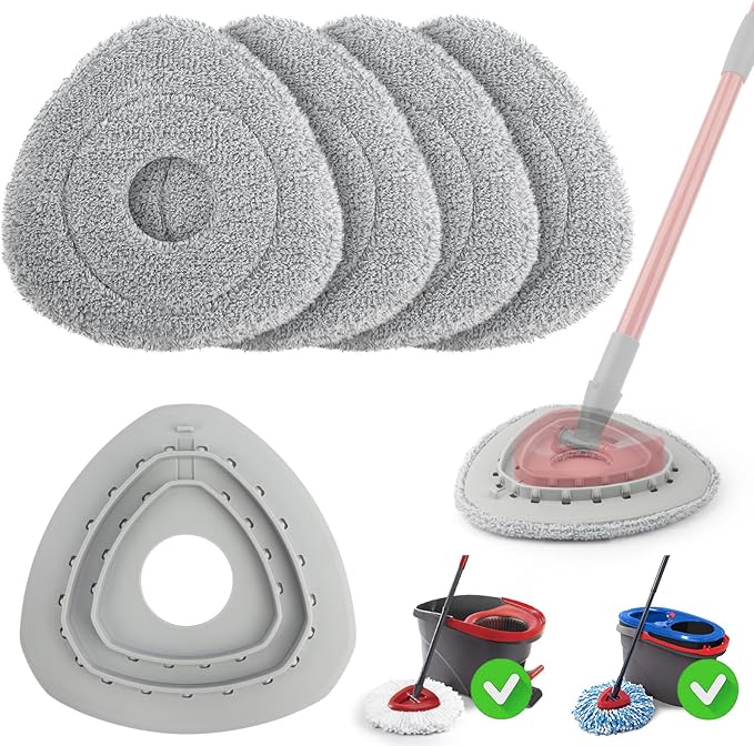 Spin Flat Mop Pad Replacement Compatible with O Cedar Mop Head Replace Flat Triangle Mop, Wet Damp Dry Sweeping Pads Washable, Microfiber, 4 Mopping Pads and 1 Mop Base