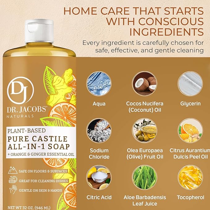 Dr. Jacobs Naturals Orange & Ginger Castile All-in-One Cleaner and Soap - Plant-Based Formula for House Cleaning Floors and Appliances - Gentle on Skin and the Planet - 32 oz, 2 Pack
