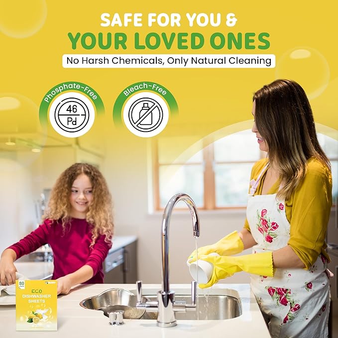 Dishy Eco-Friendly Dishwasher Detergent Sheets - 80 Loads | Plant-Based, Biodegradable & Plastic-Free | Alternative to Dishwasher Tablets | Fresh Lemon Scent