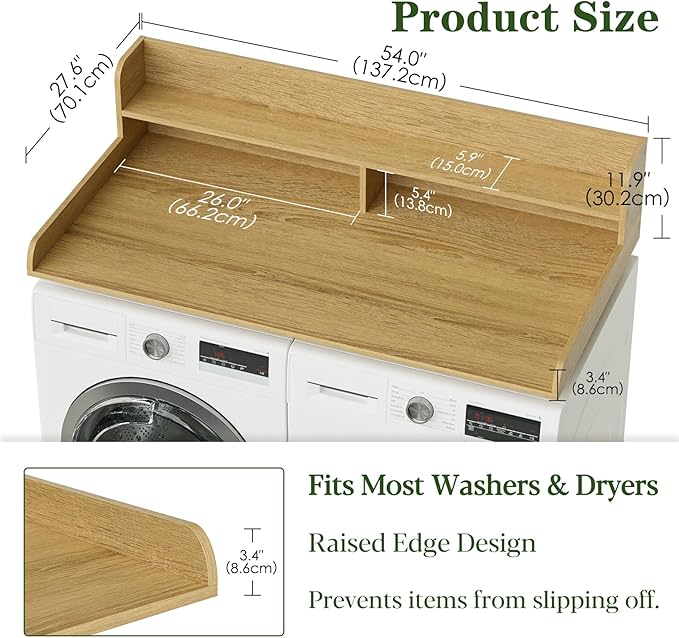 2-Tier Washer Dryer Countertop, Laundry Room Organization and Storage, 27.6" x 54" Wood Laundry Countertop for Washer and Dryer, Natural