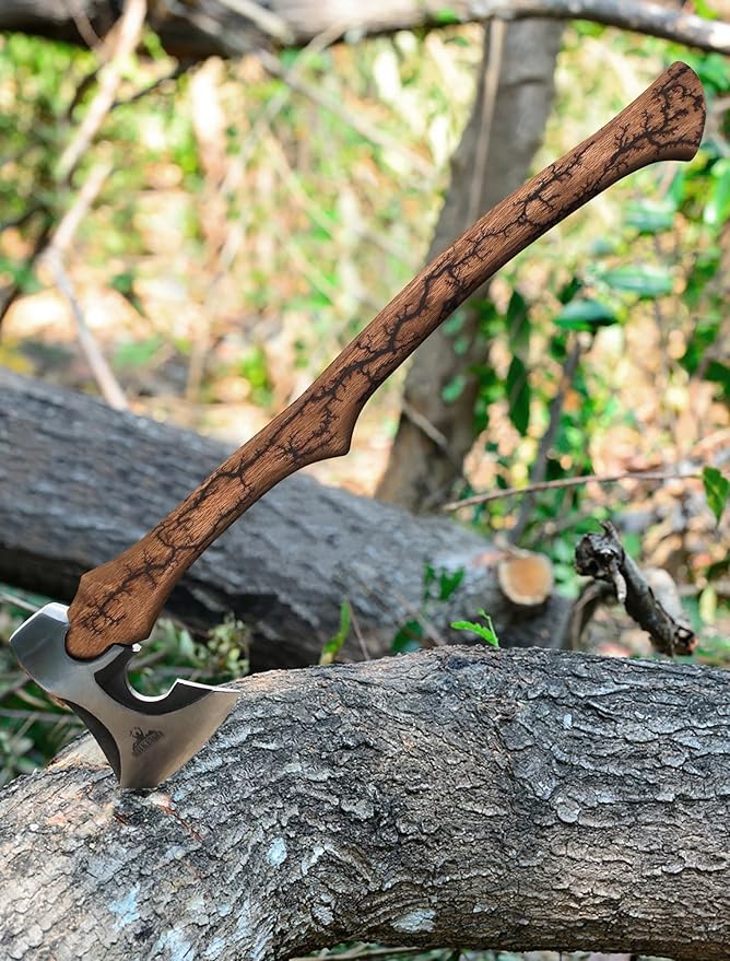 27.8" Splitting Axe, Wood Splitting Axe with Lichtenberg Pattern Wood Handle, 1065 High Carbon Steel Chopping Axes with Leather Sheath and Sharpening Stone for Chopping Firewood