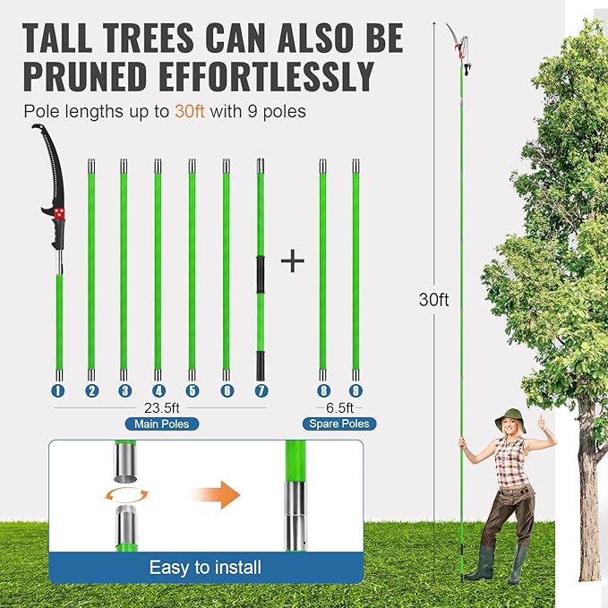 30 Ft Manual Pole Saw, Extendable Tree Pruner Blade and Scissors Set with 9 Fiberglass Handles, Long Branch Pruner Retractable for Backyard and Garden, Bush Cutting and Pruning of Palm Trees