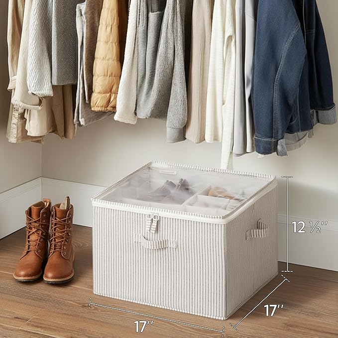 StorageWorks Shoe Organizer for Closet, Fits up to 16 Pairs, Shoe Cubby Storage Containers with Adjustable Dividers and Clear Cover, Khaki and Beige Stripes