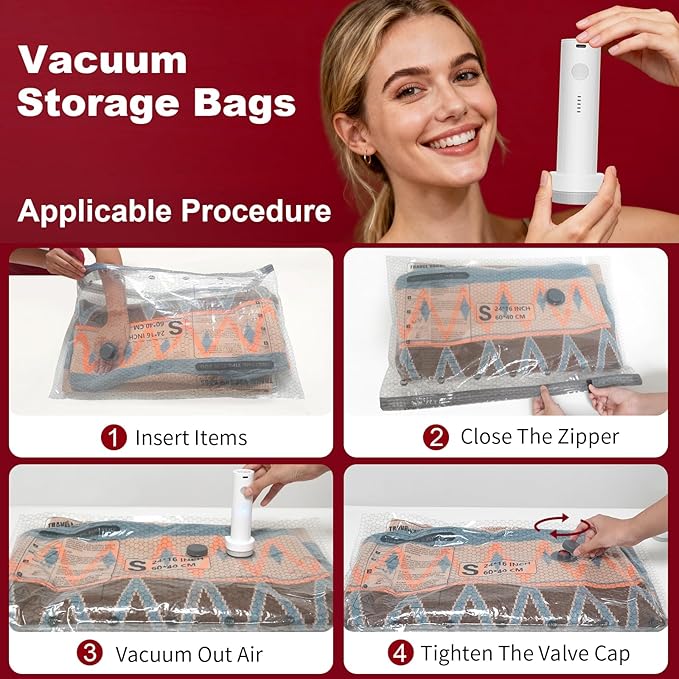 Rechargeable Wireless Pump Travel Storage Bags Set, 12 Combo (4S/4M/4L) Portable Space Saver Bags for Travel & Home, Vacuum Compression Packing Seal for Clothes, Blankets, Home Seasonal Storage