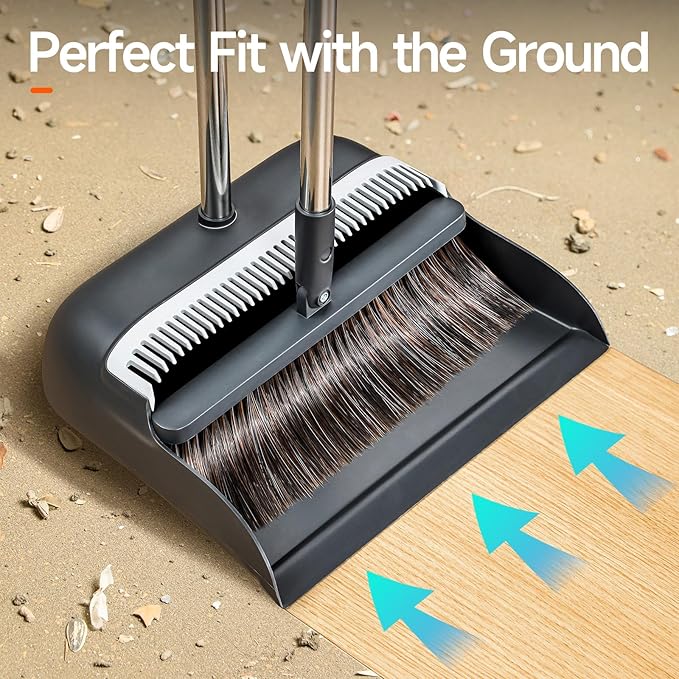 CTIME Broom and Dustpan Set, Extra Brush Head & 52" Adjustable Long Handle Standing Dustpan Set, with Dust Pan Teeth to Clean Pet Hair, Easy Sweeping Suitable for Home Kitchen Office Lobby