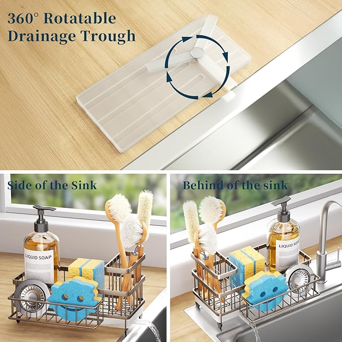 Consuemst Sponge Holder for Kitchen Sink - Auto Draining Sink Caddy Organizer with Detachable Rack, High Brush Holder, Kitchen Countertop Storage Accessories, Sand Nickel