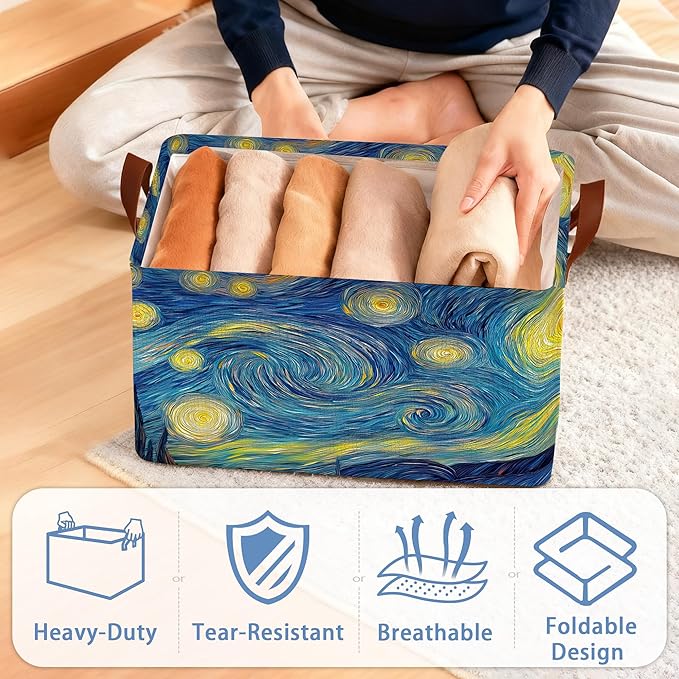Starry Night Moon Storage Basket with Handles,Collapsible Rectangle Organizer Bin for Room Decoration Books Box Baskets 17x11.5x10Inch