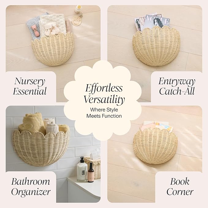 BEBE BASK Scalloped Wicker Wall Basket - The Original - Hand Woven Basket - Scalloped Décor Wall Hanging Baskets -16" x 10" x 7"In - Hanging Wall Basket (Natural)