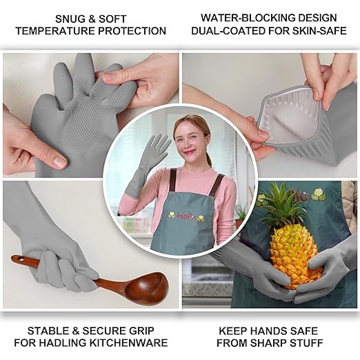 Reusable Waterproof Household Dishwashing Cleaning Rubber Gloves, Non-Slip Kitchen Glove (Grey, Medium (Pack of 3))