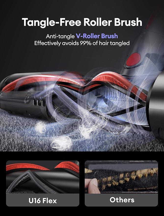 Ultenic Cordless Vacuum Cleaner, 550W/50Kpa, 60Mins Runtime, 180°Bendable Wand, Anti-Tangle Brush, Stick Vacuums Cordless with Charging Dock, for Pet Hair/Carpet/Floor/Car, U16 Flex