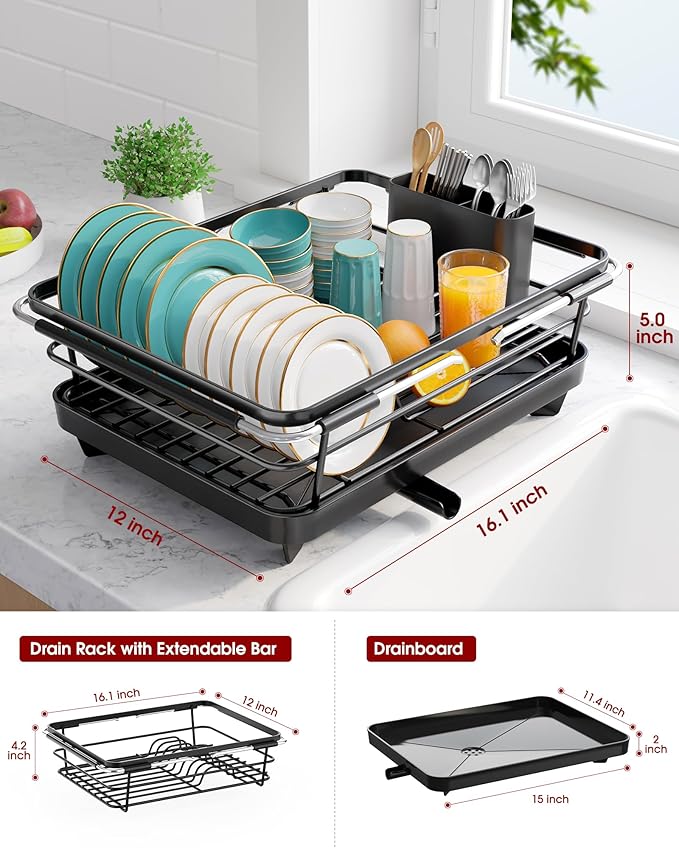 Sakugi Extendable Dish Drying Rack Over Sink with Dish Drainer, Sink Organization and Storage Essentials with Silverware & Utensil Holder, Home and Apartment Decor, 12" W x 16.1~23" L, Black