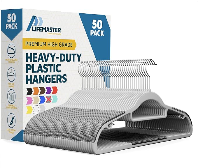 Lifemaster Plastic Clothes Hanger Set - 50 Pieces Versatile, Lightweight, Space-Saving, Non-Slip, Slim Designed, Dry and Wet Clothes Hanger Set with 360° Swivel Hook and Rubber Coating - Gray
