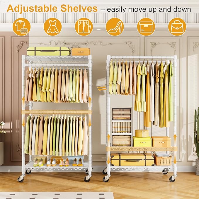 ULIFHOME P4 Rolling Clothes Rack Heavy Duty, Clothing Racks for Hanging Clothes, Freestanding Garment Racks with Wheels, Metal Portable Closet Rack 35.5''W × 20.5''D × 80.5''H, Max Load 560Lbs, White