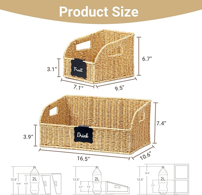 Pantry Organizers and Storage Basket for Organizing with Handles, Large Woven Storage Baskets for Shelves, Kitchen, Laundry, Waterproof Storage Bins for Fruit, Bread, Vegetable, 3Pack, Natural