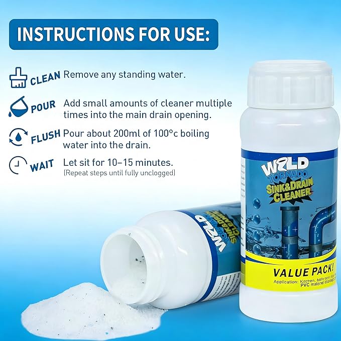 2pc Wild Tornado Sink and Drain Cleaner Powder - Powerful Pipe Dredge for Kitchen & Toilet, Drain Clog Remover, Pipeline Dredging Agent (2)