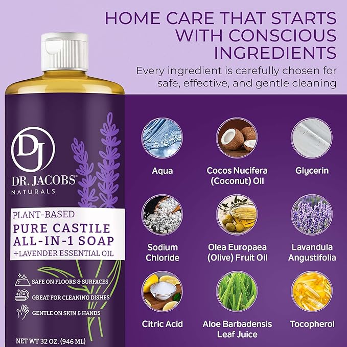 Dr. Jacobs Naturals Lavender Castile All-in-One Cleaner and Soap - Plant-Based Formula for House Cleaning Floors and Appliances - Gentle on Skin and the Planet - 32 oz, 2 Pack