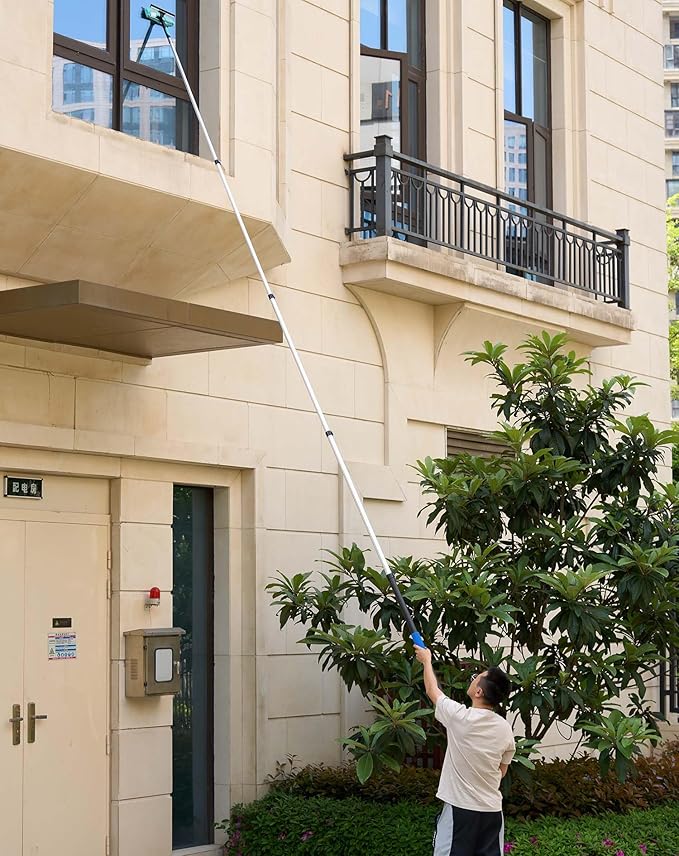 20 Foot High Reach Ceiling Fan Duster with 5-12ft Heavy Duty Extension Pole, Microfiber Feather, Cobweb Duster, Window Squeegee Kit, Cleaning Gloves