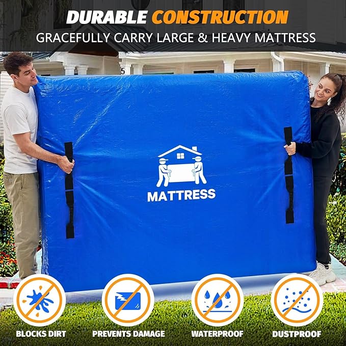 Mattress Bags for Moving, BETU Mattress Protector Waterproof Mattress Cover Twin Size Storage Bags with 8 Heavy-Duty Handles and Zipper for College Bed Extra Thick Large(2 Pack, 77"x42"x15" Blue)