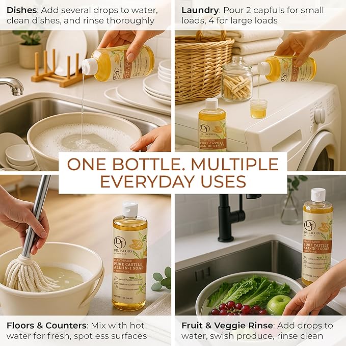 Dr. Jacobs Naturals Almond Castile All-in-One Cleaner and Soap - Plant-Based Formula for House Cleaning Floors and Appliances - Gentle on Skin and the Planet - 32 oz, 2 Pack