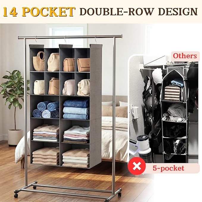 Ofiray-home 5 Tier Hanging Closet Organizer, 14 Compartments Sweater Organizer for Closet with 3 Sturdy Hooks, Closet Organizers and Storage, Wardrobe, Rv, Garment Rack, Grey