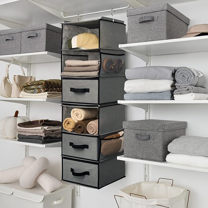 GRANNY SAYS 6-Shelf Hanging Closet Organizer, Separable to 2 Pack 3-Shelf, Closet Organization and Storage with 3 Different Drawers, 4 Side Pockets Wardrobe Clothes Organizer, Gray, 1-Pack