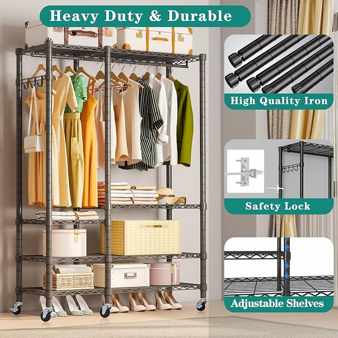 Rolling Clothes Rack, Heavy Duty Garment Rack for Hanging Clothes, Wire Adjustable Rolling Clothing Rack with Lockable Wheels & 2 Hanger Rods, Max Load 850LBS, Black