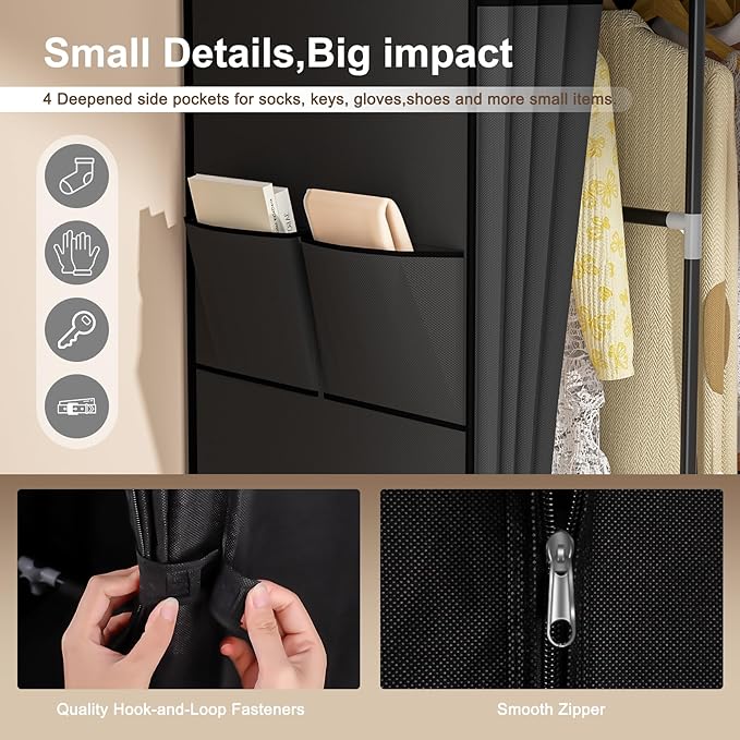 Neatrays Wardrobe Closet, 66 Inch Portable Closet for Hanging Clothes, Large Capacity Clothes Rack Organizer with Cover & 4 Hanging Rods & 8 Storage Shelves & 2 Side Pockets (Black)