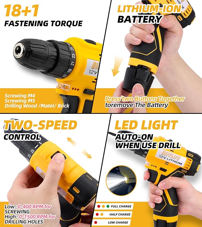 12V Drill Driver Power Tool Combo Kits with Cordless Drill, Professional Household Home Tool Kit Set, DIY Hand Tool Kits for Garden Office House Repair Yellow