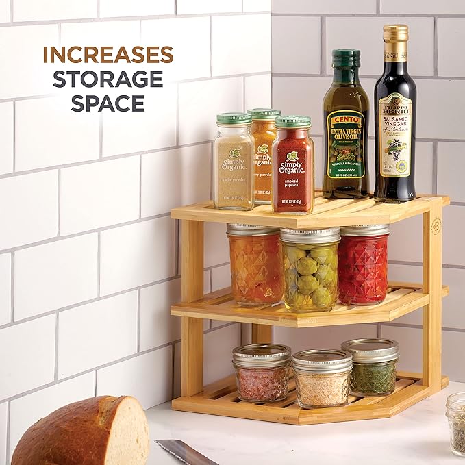 Plate Organizer for Cabinet - 3 Tier Bamboo Corner Shelf Cabinet Organizer for Plates, Bowls, Mugs and Pantry Storage, Space Saving Countertop and Cabinet Corner Shelf, 10 x 10 x 9.5 Inch, Bambusi | Kitchen Counter, Cabinet Space Saver, Plates, Dishes,...