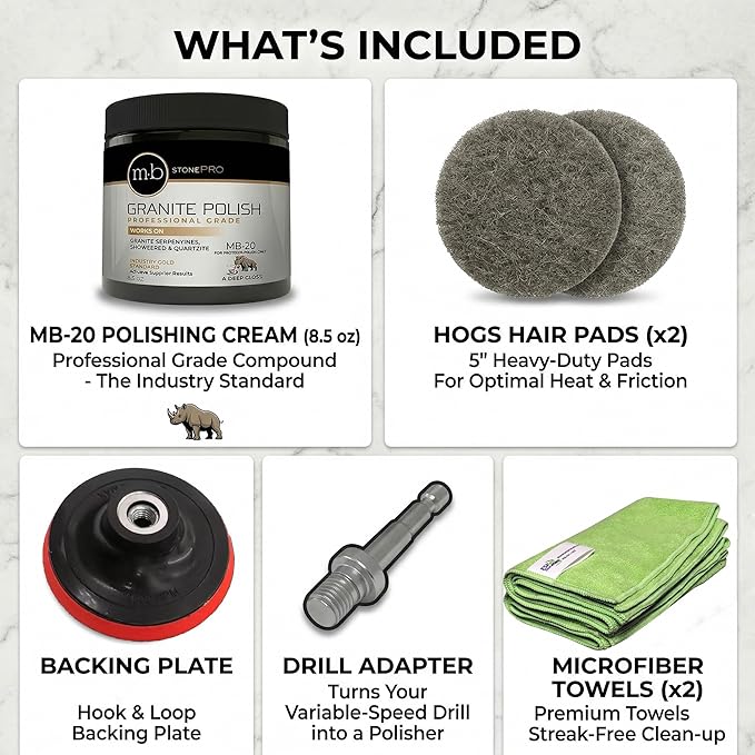 MB-20 Granite Polishing Kit Professional Grade Stone Restoration Bundle Includes 8.5oz Polishing Cream, 2x Hogs Hair Pads, Backing Plate with Drill Adapter & 2x Microfiber Towels