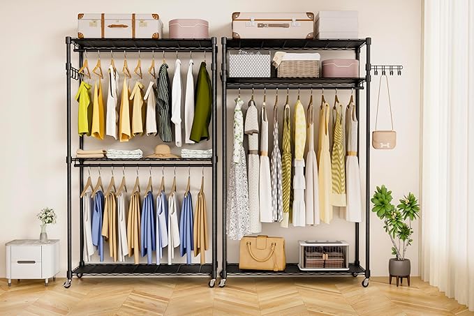 Heavy Duty Rolling Garment Rack, 3 Tiers Wire Shelves Adjustable Freestanding Portable Rolling Clothing Rack with Lockable Wheels, 44.9''L x 15.8''W x 78.8''H, Max Load 600LBS